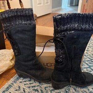UGG 1936 SKYLAIR Size EU 38 /US 7 Knit Black Leather Shearling Lined Women Boots